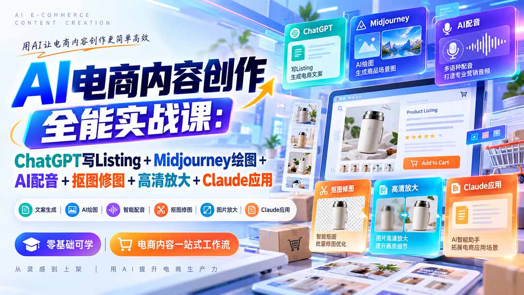 （20770期）【无水印】AI电商内容创作全能实战课：ChatGPT写Listing+Midjourney绘图+AI配音+抠图修图+高清放大+Claude应用-我爱项目网