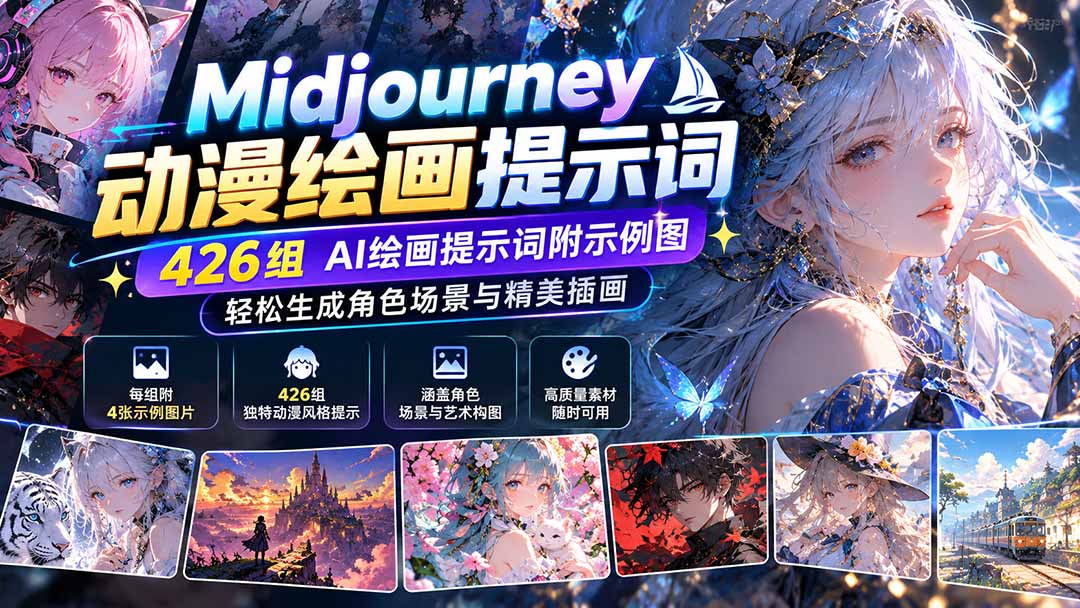 (21239期)Midjourney动漫绘画提示词:426组AI绘画提示词附示例图,轻松生成角色场景与精美插画-我爱项目网