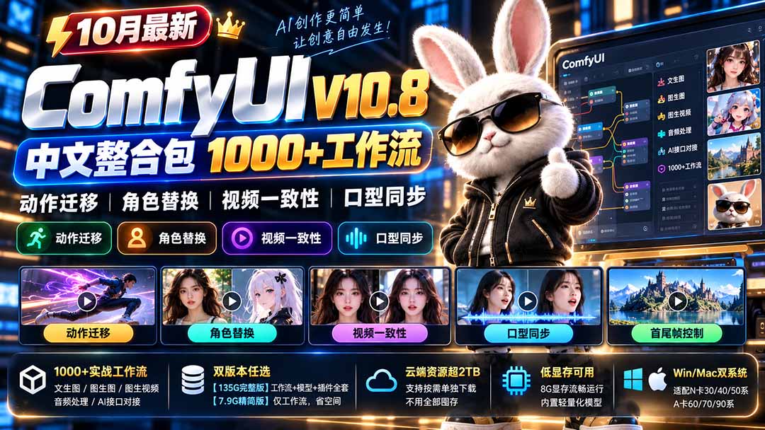 （21240期）10月最新ComfyUI V10.8中文整合包 1000+工作流 动作迁移 角色替换 视频一致性 口型同步 低显存可用-我爱项目网