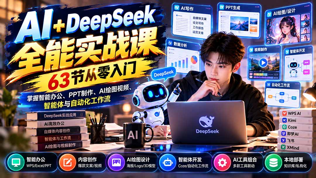 （21141期）AI+DeepSeek全能实战课：63节从零入门，掌握智能办公、PPT制作、AI绘图视频、智能体与自动化工作流-我爱项目网