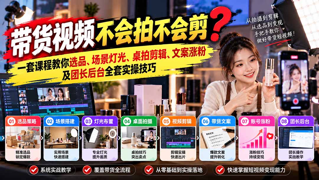 （20980期）带货视频不会拍不会剪？一套课程教你选品、场景灯光、桌拍剪辑、文案涨粉及团长后台全套实操技巧  复制标题-我爱项目网