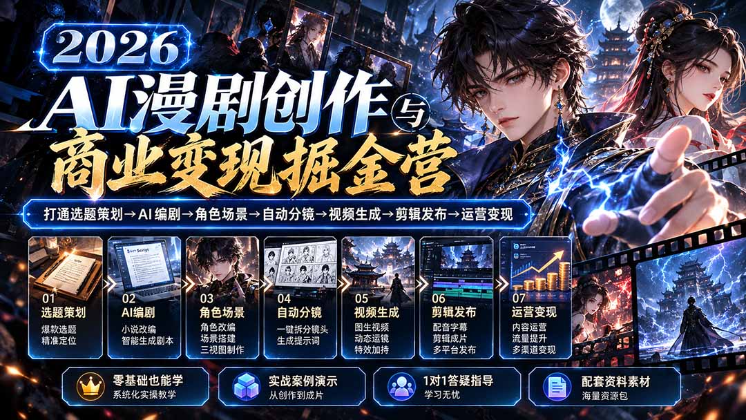 （20906期）【无水印】2026AI漫剧创作与商业变现掘金营：打通选题→AI编剧→角色场景→自动分镜→视频生成→剪辑发布→运营变现-我爱项目网