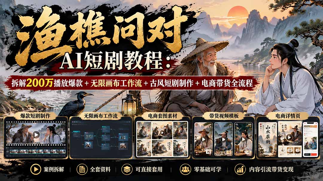 （20772期）【无水印】渔樵问对AI短剧教程：拆解200万播放爆款+无限画布工作流+古风短剧制作+电商带货全流程-我爱项目网
