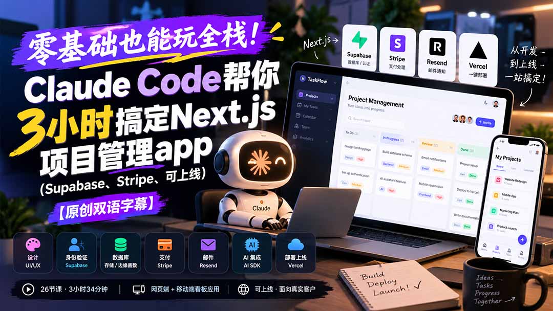 （20907期）零基础也能玩全栈！Claude Code帮你3小时搞定Next.js项目管理app（Supabase、Stripe、可上线）【原创双语字幕】-我爱项目网