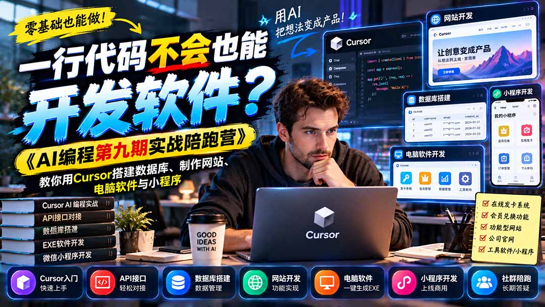 （21146期）一行代码不会也能开发软件？《AI编程第九期实战陪跑营》教你用Cursor搭建数据库、制作网站、电脑软件与小程序-我爱项目网