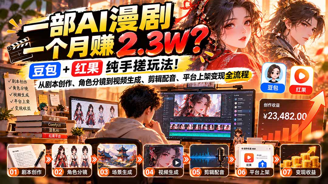 （21089期）一部AI漫剧一个月赚2.3W？豆包+红果纯手搓玩法！从剧本创作、角色分镜到视频生成、剪辑配音、平台上架变现全流程-我爱项目网