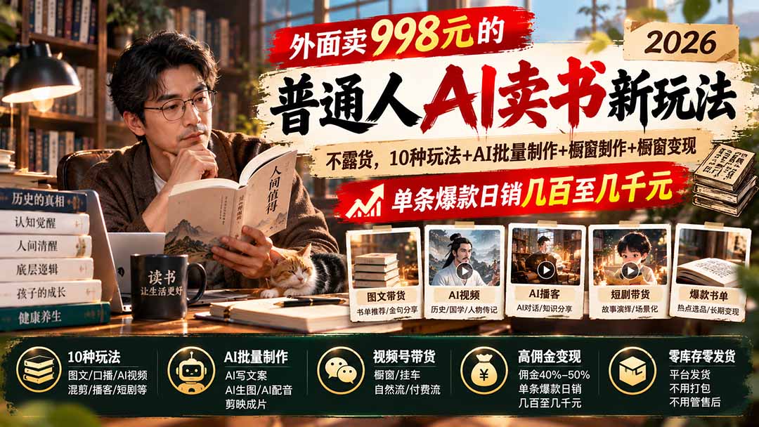 （20909期）外面卖998元的2026普通人AI卖书新玩法：不露脸、不囤货，10种玩法+AI批量制作+橱窗变现，单条爆款日销几百至几千元-我爱项目网