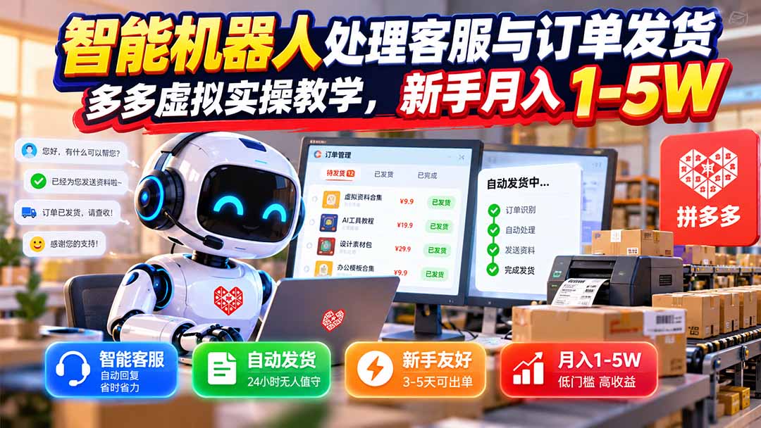 （20925期）智能机器人处理客服与订单发货，多多虚拟实操教学，新手月入 1-5W-我爱项目网