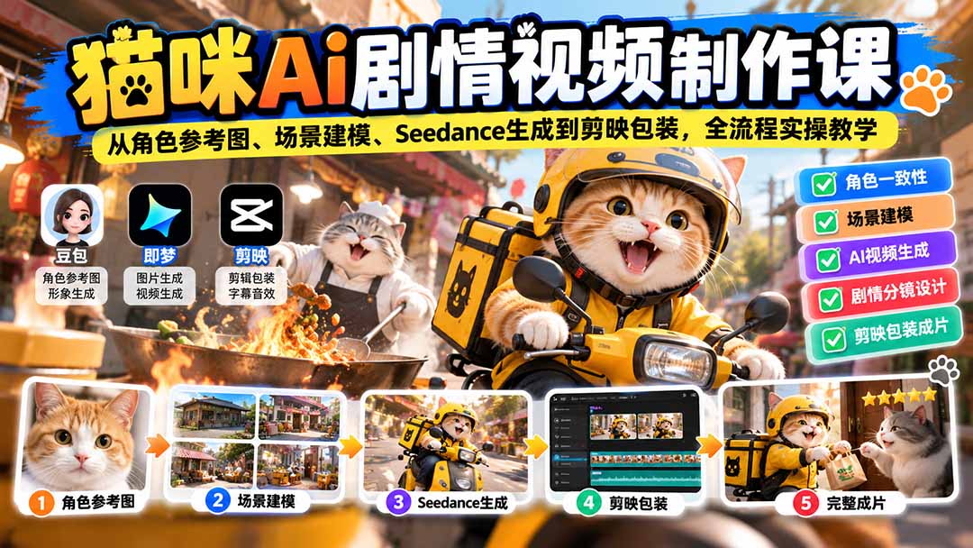 （20793期）猫咪AI剧情视频制作课：从角色参考图、场景建模、Seedance生成到剪映包装，全流程实操教学-我爱项目网