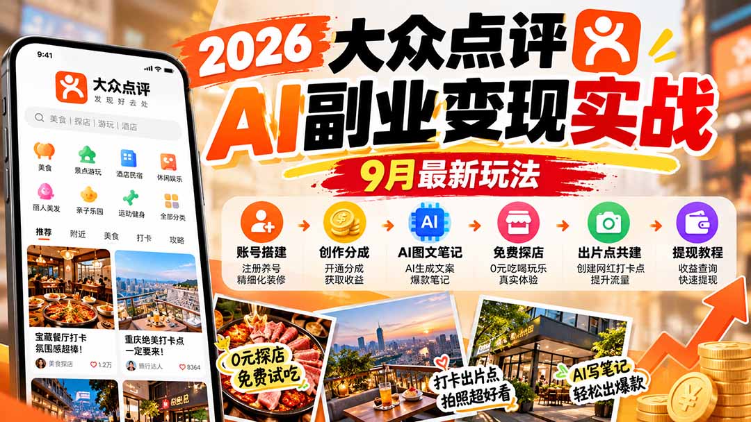 （20873期）2026大众点评AI副业变现实战9月最新玩法：账号搭建+创作分成+AI图文笔记+免费探店+出片点共建与提现教程-我爱项目网