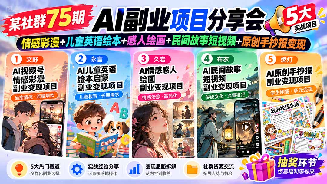 （20874期）某社群75期AI副业项目分享会：情感彩漫+儿童英语绘本+感人绘画+民间故事短视频+原创手抄报变现-我爱项目网