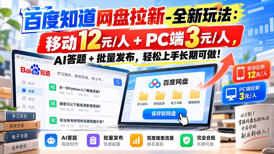 （20794期）百度知道网盘拉新-全新玩法：移动12元/人+PC端3元/人，AI答题+批量发布，轻松上手长期可做！-我爱项目网
