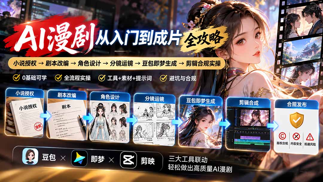 （20877期）AI漫剧从入门到成片全攻略：小说授权→剧本改编→角色设计→分镜运镜→豆包即梦生成→剪辑合规实操-我爱项目网