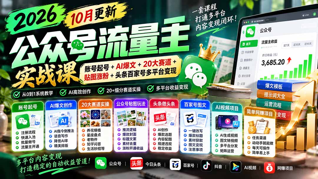 （20878期）2026公众号流量主实战课-10月更新：账号起号+AI爆文+20大赛道+贴图涨粉+头条百家号多平台变现-我爱项目网