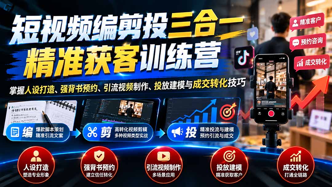 （20910期）短视频编剪投三合一精准获客训练营：掌握人设打造、强背书预约、引流视频制作、投放建模与成交转化技巧-我爱项目网