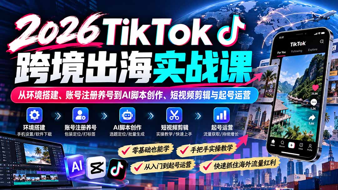 （21170期）2026TikTok跨境出海实战课：从环境搭建、账号注册养号到AI脚本创作、短视频剪辑与起号运营-我爱项目网