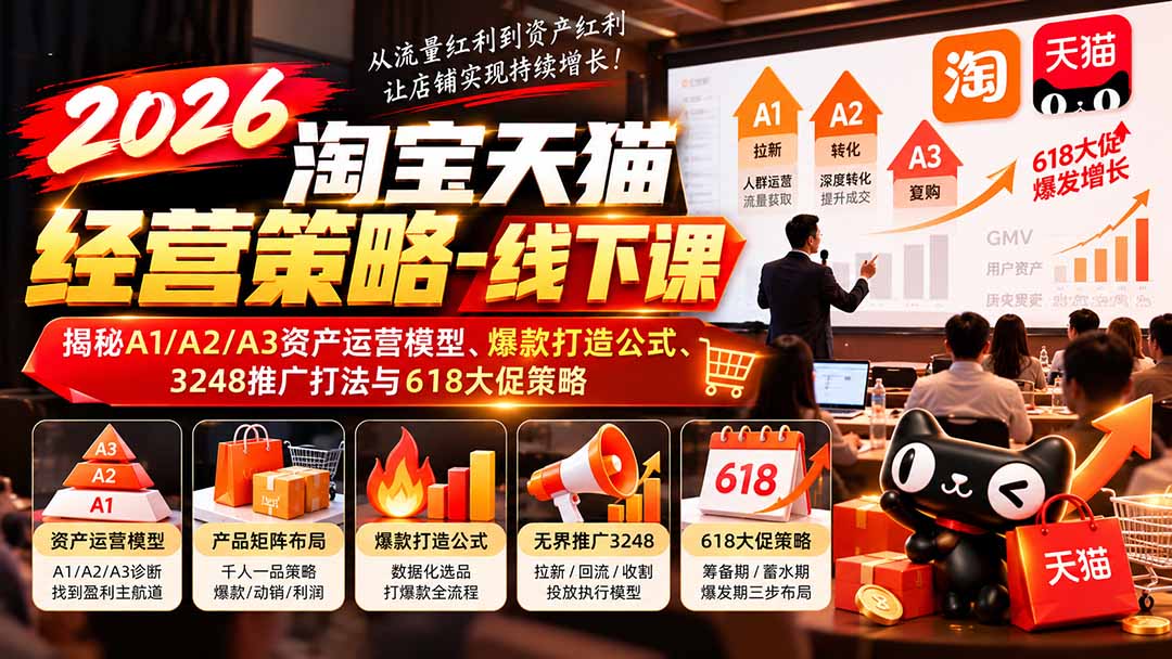 （20912期）2026淘宝天猫经营策略-线下课：揭秘A1/A2/A3资产运营模型、爆款打造公式、3248推广打法与618大促策略-我爱项目网