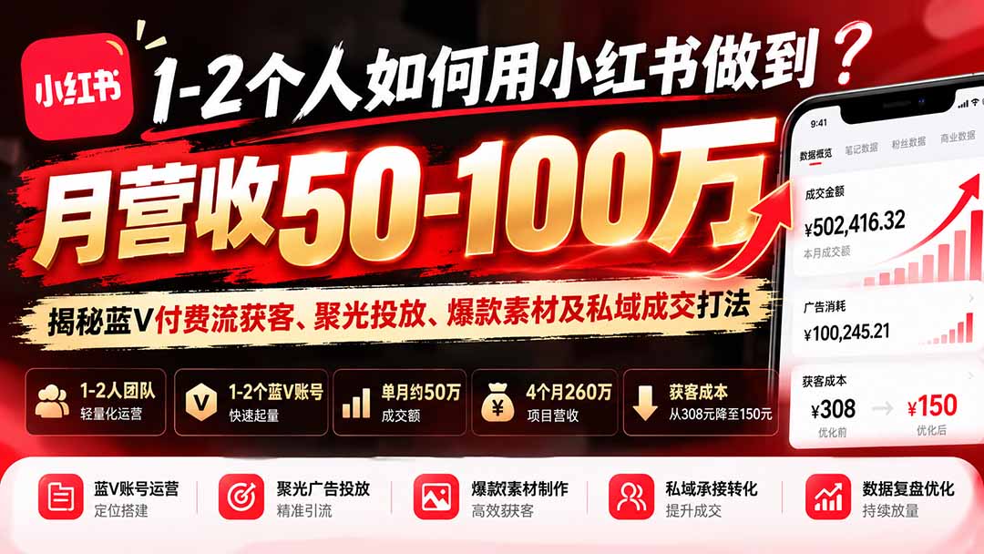 (20939期)1-2个人如何用小红书做到月营收50-100万?揭秘蓝V付费流获客、聚光投放、爆款素材及私域成交打法-我爱项目网