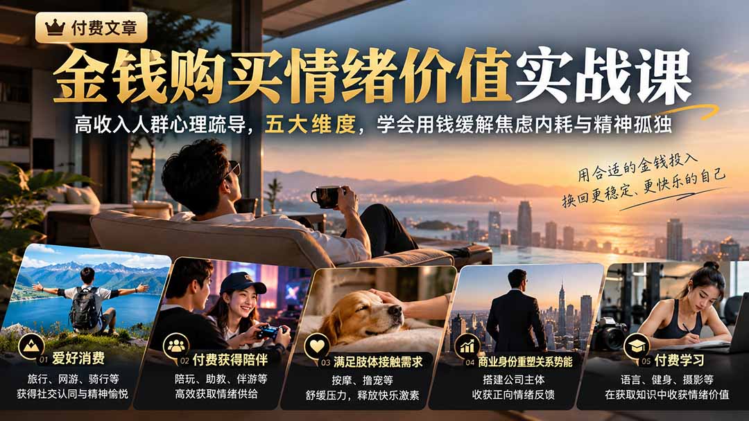 （20941期）付费文章：金钱购买情绪价值实战课｜高收入人群心理疏导，五大维度，学会用钱缓解焦虑内耗与精神孤独-我爱项目网