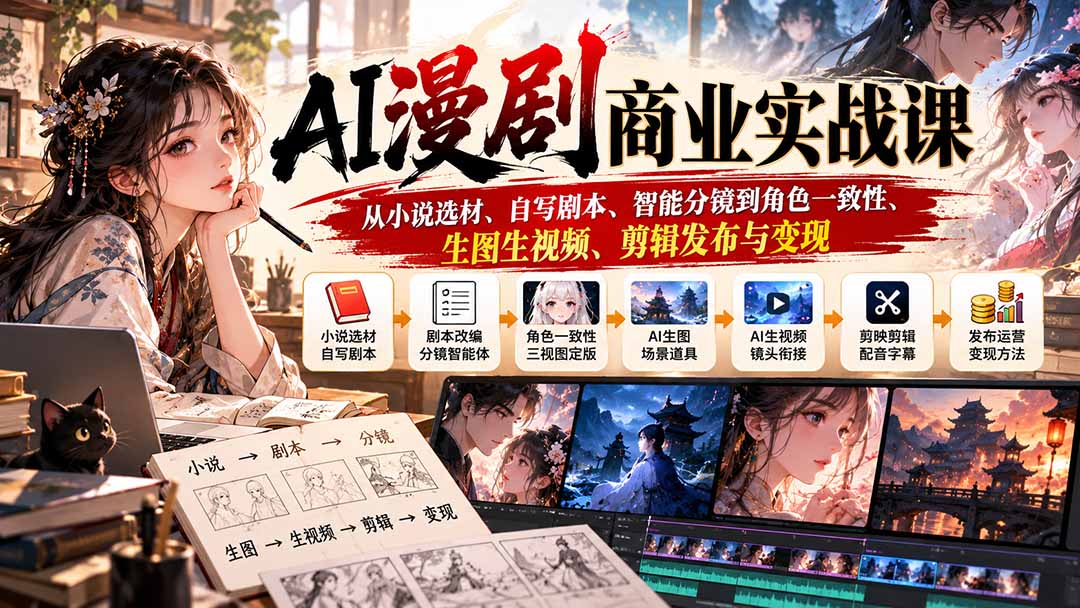 （20811期）AI漫剧商业实战课：从小说选材、自写剧本、智能分镜到角色一致性、生图生视频、剪辑发布与变现-我爱项目网