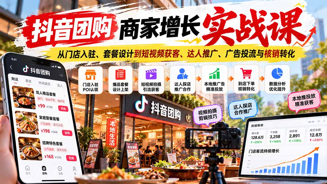 （20813期）抖音团购商家增长实战课：从门店入驻、套餐设计到短视频获客、达人推广、广告投流与核销转化-我爱项目网