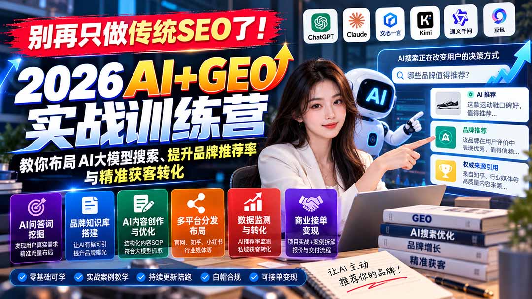 （21191期）别再只做传统SEO了！《2026AI+GEO实战训练营》教你布局AI大模型搜索、提升品牌推荐率与精准获客转化-我爱项目网