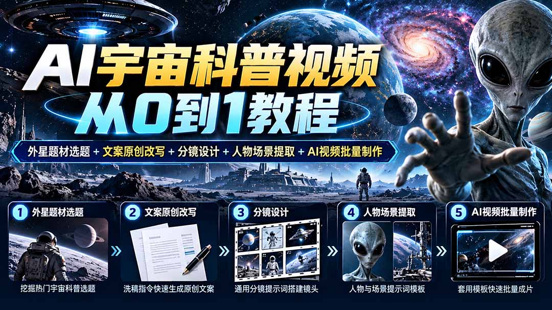 （20774期）AI宇宙科普视频从0到1教程｜外星题材选题+文案原创改写+分镜设计+人物场景提取+AI视频批量制作-我爱项目网