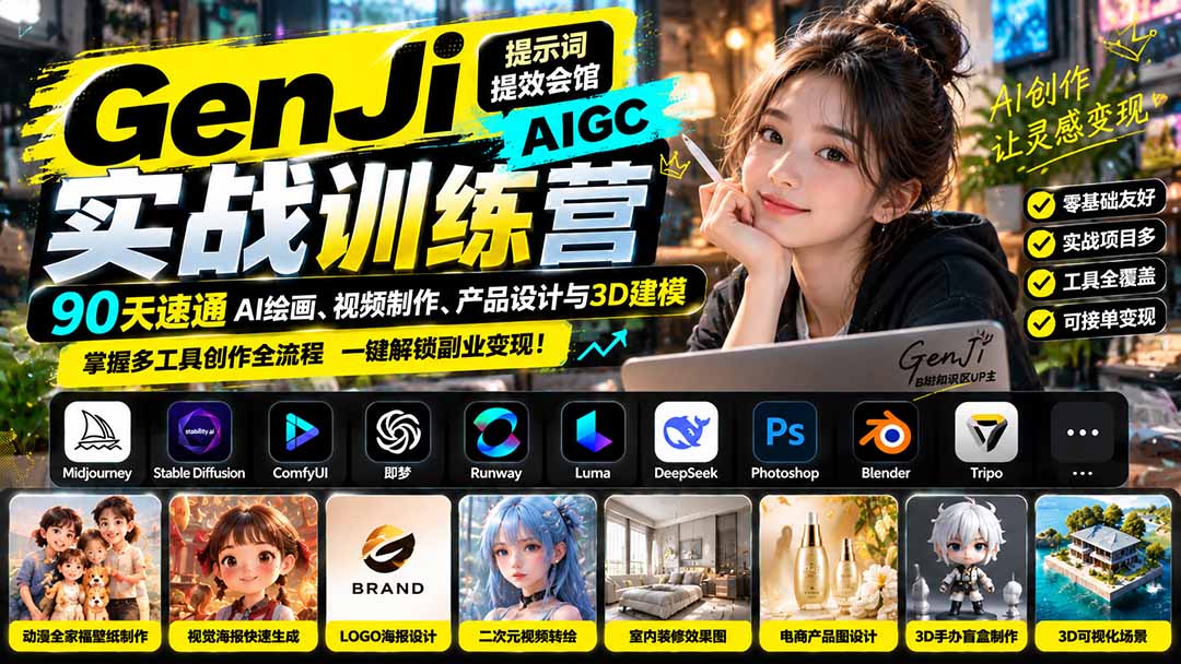 （21192期）GenJi AIGC实战训练营：90天速通AI绘画、视频制作、产品设计与3D建模，掌握多工具创作全流程-我爱项目网