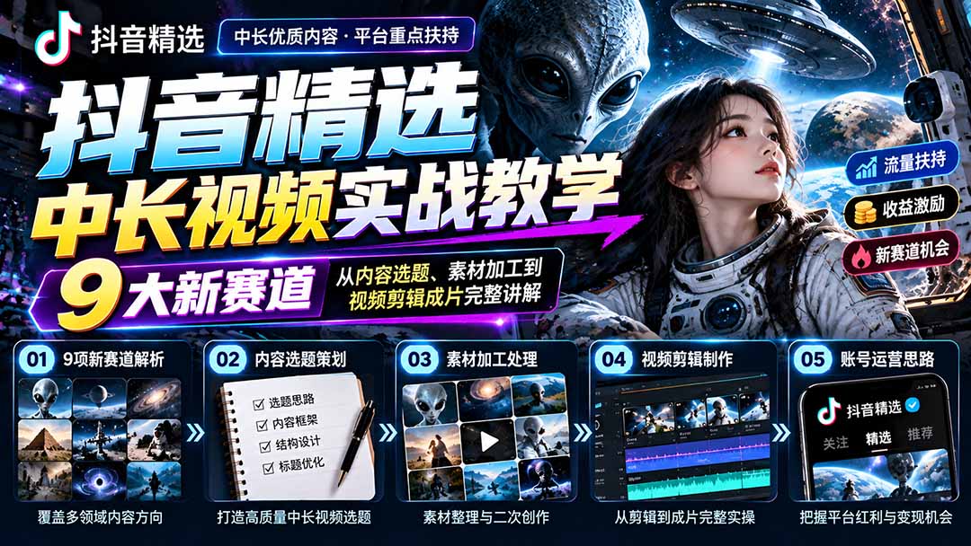 (20775期)抖音精选中长视频实战教学:拆解9项细分赛道,从内容选题、素材加工到视频剪辑成片完整讲解-我爱项目网