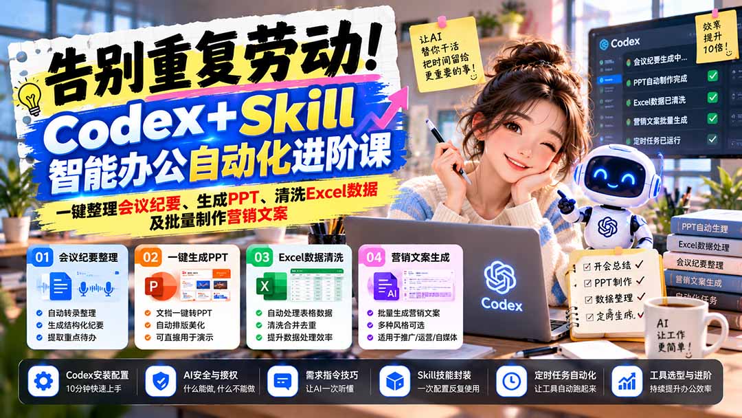 （21001期）告别重复劳动！Codex+Skill智能办公自动化进阶课：一键整理会议纪要、生成PPT、清洗Excel数据及批量制作营销文案-我爱项目网