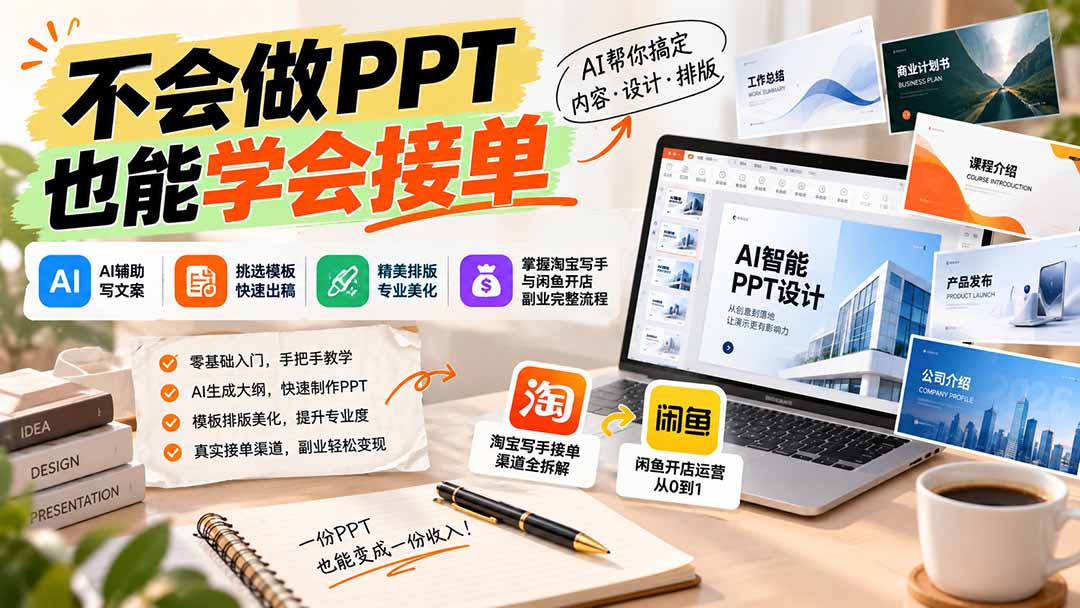（20945期）不会做PPT也能学会接单：AI辅助写文案、挑模板、做排版，掌握淘宝写手与闲鱼开店副业完整流程-我爱项目网