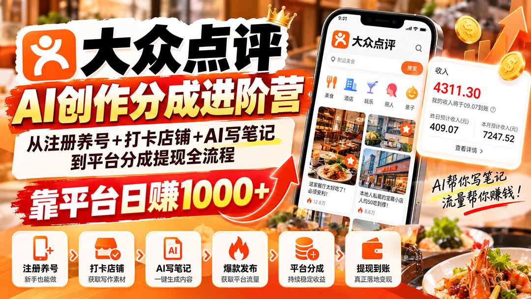 （20759期）大众点评AI创作分成进阶营：从注册养号+打卡店铺+AI写笔记到平台分成提现全流程，靠平台日赚1000+-我爱项目网