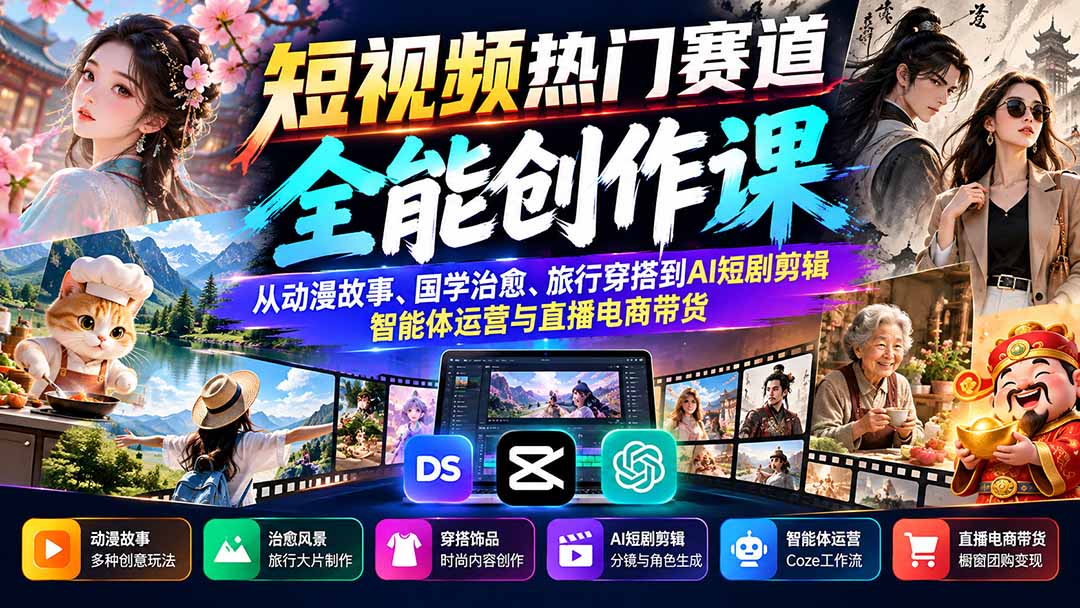 （20956期）短视频热门赛道全能创作课：从动漫故事、国学治愈、旅行穿搭到AI短剧剪辑、智能体运营与直播电商带货-我爱项目网
