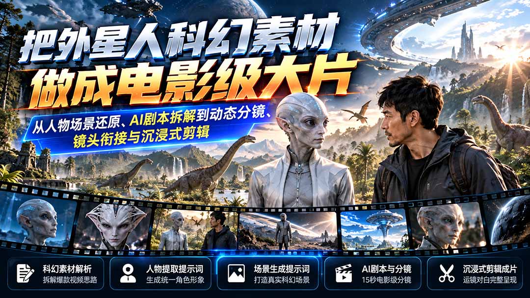 （20946期）把外星人科幻素材做成电影级大片：从人物场景还原、AI剧本拆解到动态分镜、镜头衔接与沉浸式剪辑-我爱项目网