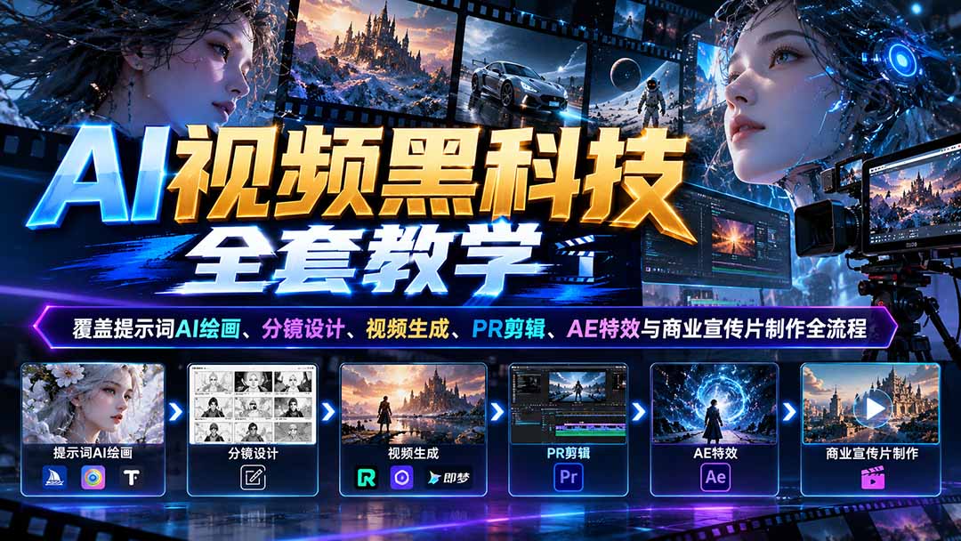 （21095期）AI视频黑科技全套教学：覆盖提示词AI绘画、分镜设计、视频生成、PR剪辑、AE特效与商业宣传片制作全流程-我爱项目网